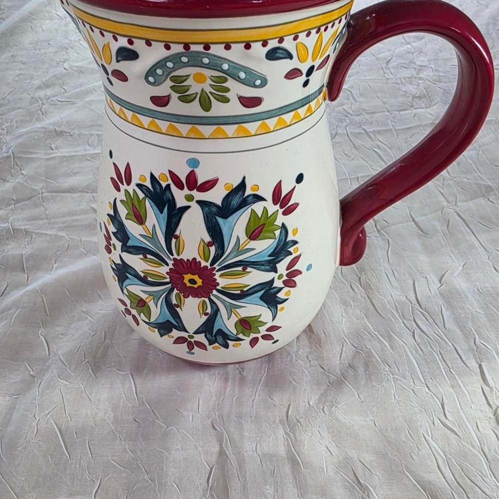 Bobby Flay Ceramic Pitcher Floral‎ Medallion Mediterranean Stoneware Multi Color